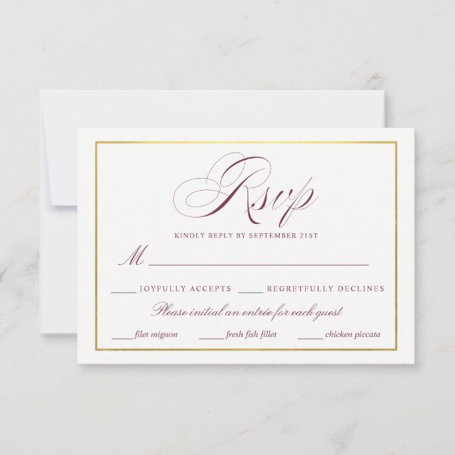 Elegante Script Faux Gold Burgundy RSVP Comidas (Anverso)