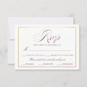 Elegante Script Faux Gold Burgundy RSVP Comidas