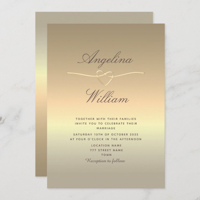 Elegante Script Faux Gold Wedding Invitación (Anverso / Reverso)