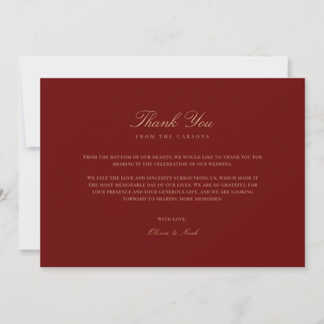 Elegante Script Gold & Deep Red Gracias Tarjeta (Anverso)