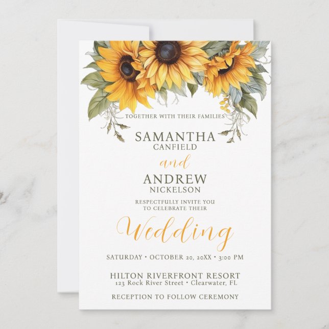 Elegante Script Invitación a la boda de girasoles (Anverso)