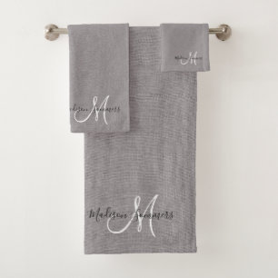 Elegante Script Monograma Lino Gris Toalla de Efec