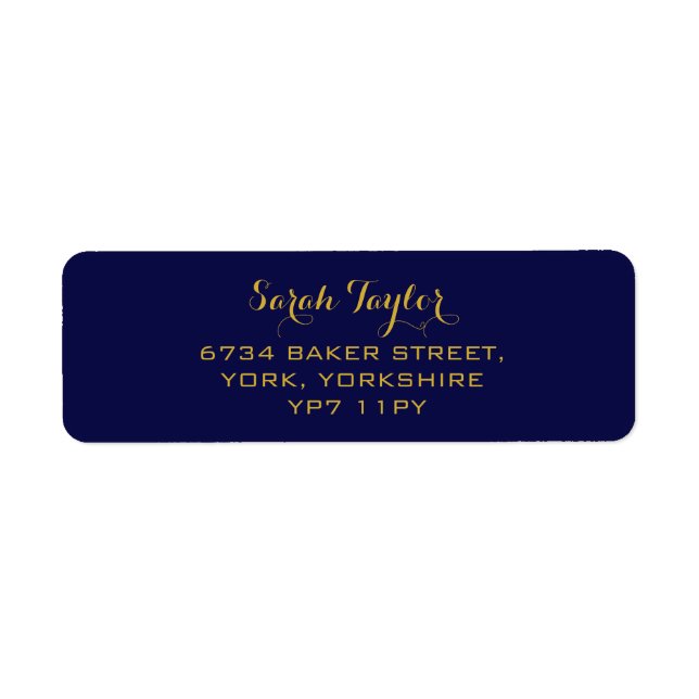Elegante Script Navy Etiqueta de nombre azul y dor (Frente)