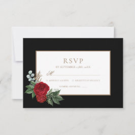 Elegante Script Red Peonies Black & Gold RSVP