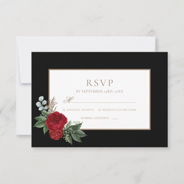 Elegante Script Red Peonies Black & Gold RSVP (Anverso)