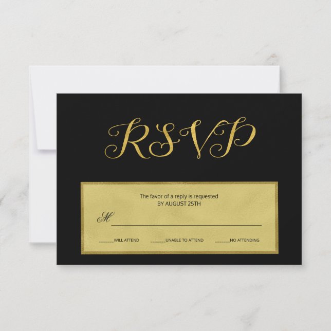 Elegante script rsvp de boda en negro y oro de luj (Anverso)