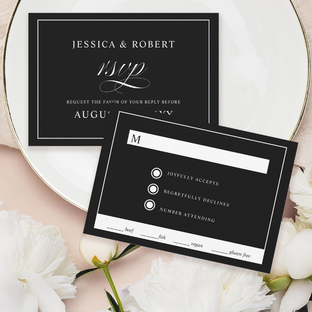 Elegante Script Tarjeta RSVP de Boda Negra (Subido por el creador)