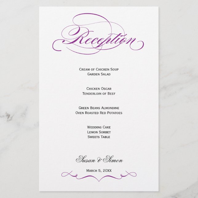 Elegante Script Wedding Menú de recepción - Púrpur (Anverso)