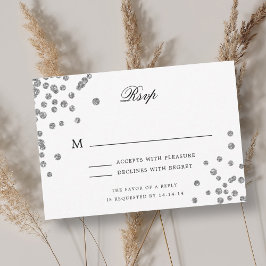 Elegante Script Wedding RSVP Silver Confetti Purpl
