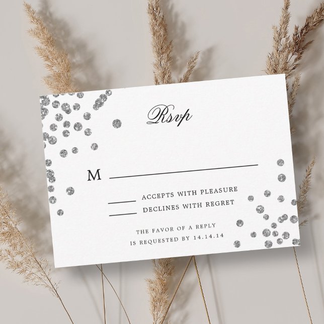 Elegante Script Wedding RSVP Silver Confetti Purpl (Elegant Script Wedding RSVP Silver Confetti Purple)