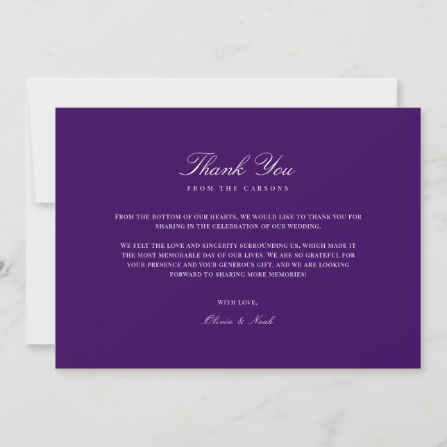 Elegante Script White & Purple Tarjeta de agradeci (Anverso)