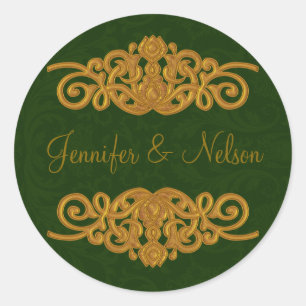 Elegante Sello para sobres Boda Verde Oscuro y Oro