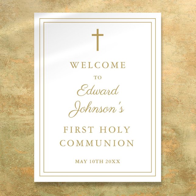 Elegante señal de bienvenida de la frontera dorada (Elegant Gold Border Holy Communion Welcome Sign)
