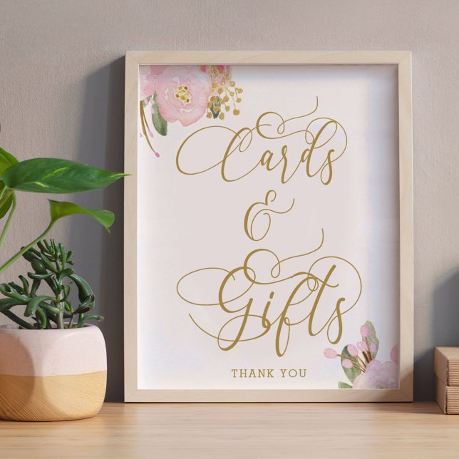 Elegante Señal de Tarjetas y Regalos Floral Rosa D (Cards & Gifts Table Sign from my Pink and Gold Watercolor Floral Collection)