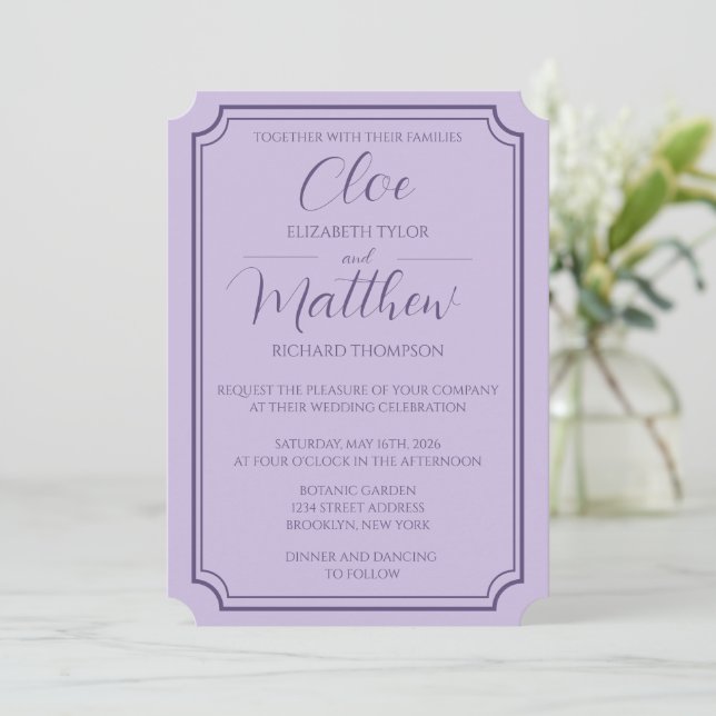 Elegante Sencillo Guión Lilac Invitación de Wdding (Anverso de pie)