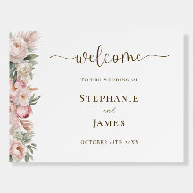 Elegante signo de bienvenida de Boda floral rosa