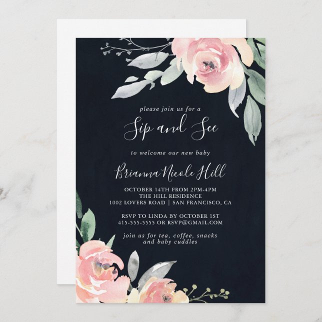 Elegante Sip Floral de Rubor rosa y ver invitación (Anverso / Reverso)
