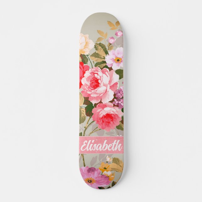 Elegante Skateboard de rosas rojas rosadas monogra (Anverso )