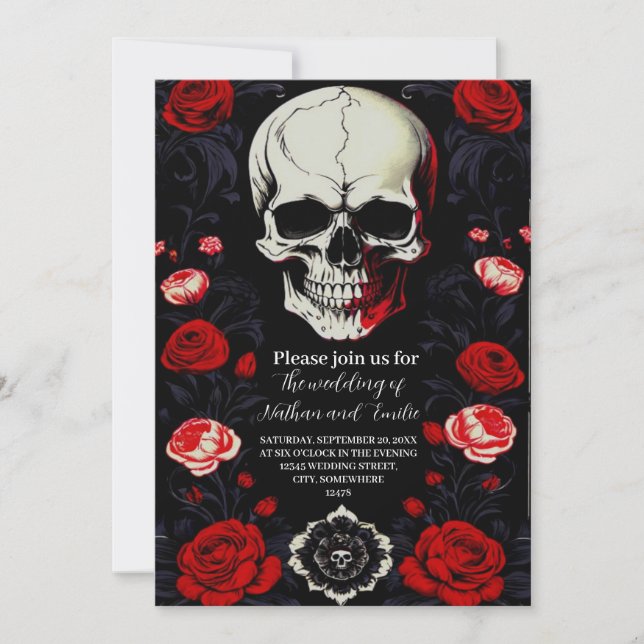 Elegante Skull gótico flores rojas invitación boda (Anverso)