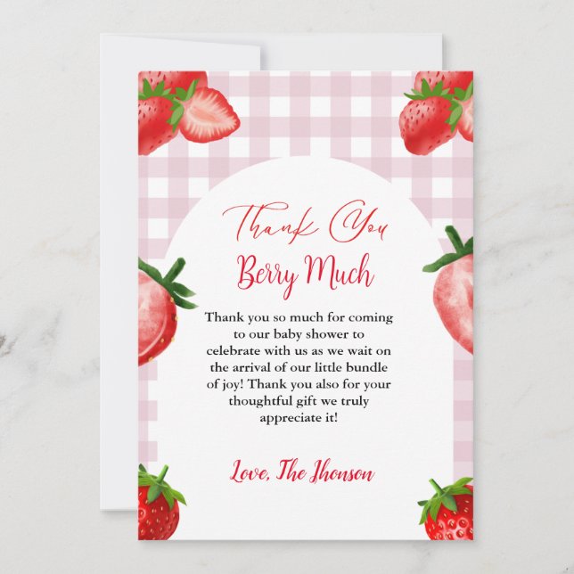 Elegante Strawberry baby ducha tarjeta de agradeci (Anverso)