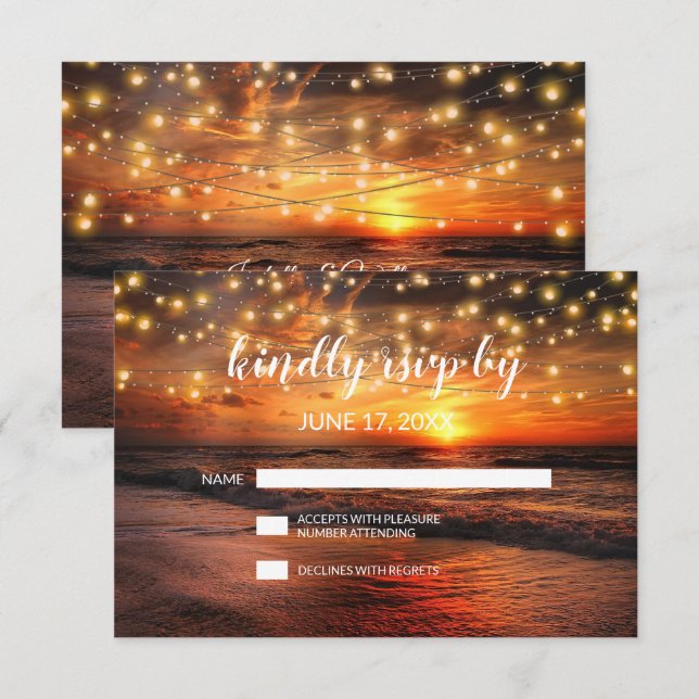 Elegante Sunset Summer Beach Wedding Tarjeta RSVP (Anverso / Reverso)