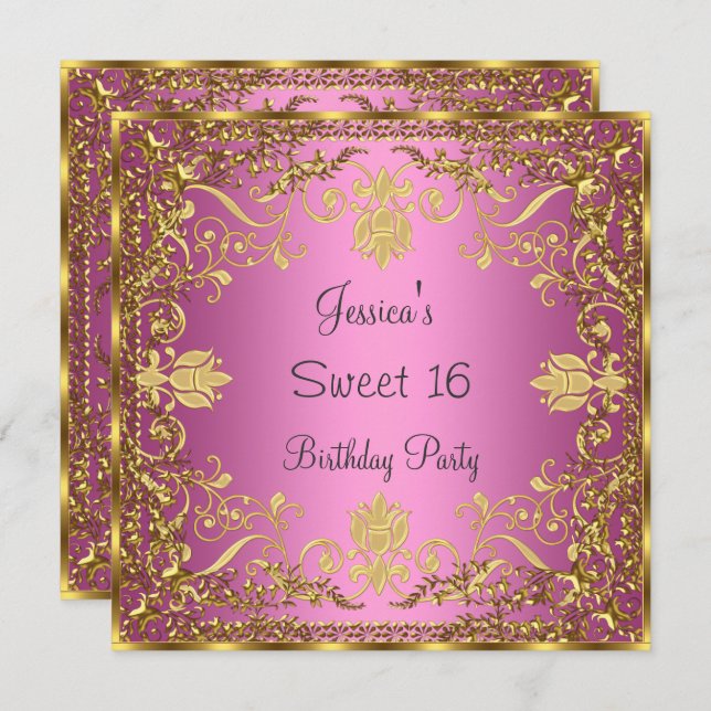 Elegante Sweet 16 Invitación dorada rosa (Anverso / Reverso)