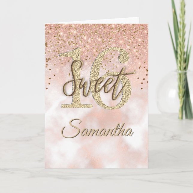 Elegante Sweet 16 Tarjeta Rosa Purpurina de oro de (Anverso)