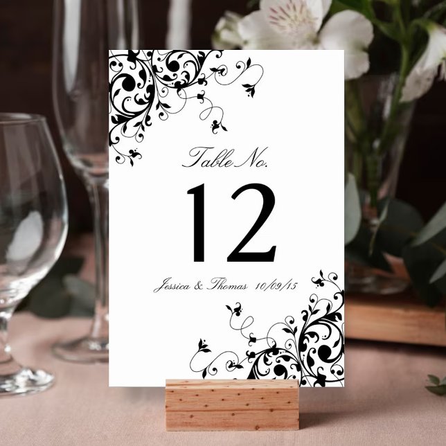 Elegante Swirls Número de mesa de Boda blanco y ne (Subido por el creador)