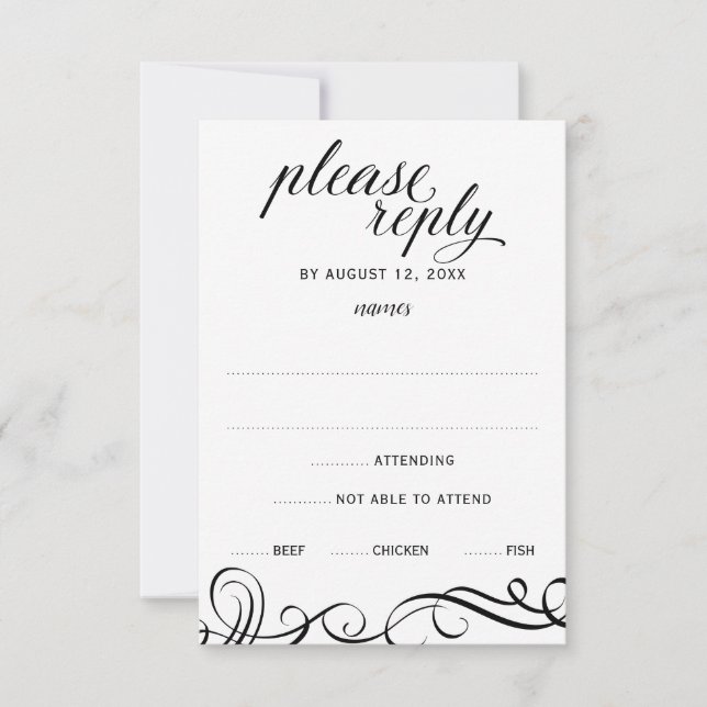 Elegante Swirls Wedding RSVP con Elección de Comid (Anverso)