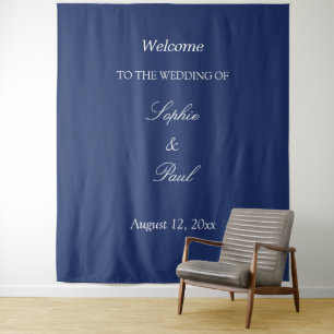 Elegante tapiz de bienvenida de boda azul marino