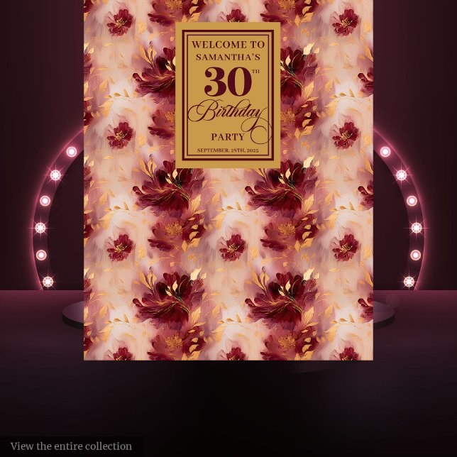 Elegante Tapiz de cumpleaños 30 del Rubor Gold de  (Stylish Burgundy Blush Gold 30th Birthday Tapestry)