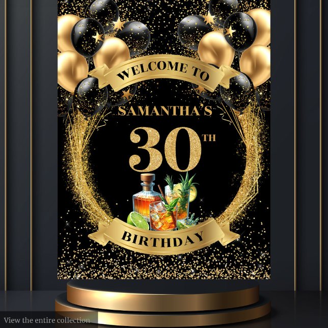 Elegante Tapiz de oro negro de 30 años (Stylish 30th Birthday Black Gold Tapestry)