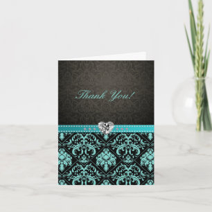 Elegante tarjeta Aqua Blue / Black Damask "Gracias