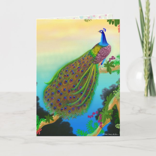 Elegante tarjeta azul de felicitación por pavo rea (Anverso)
