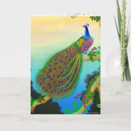 Elegante tarjeta azul de felicitación por pavo rea