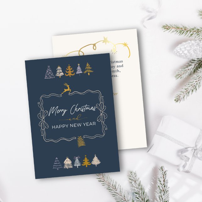 Elegante tarjeta azul de vacaciones de árboles de  (Elegant Bow & Chic Trees Doodle Blue Holiday Card)