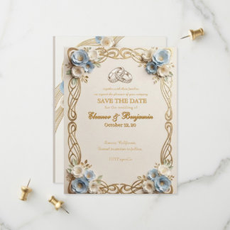 Elegante tarjeta azul floral de boda para guardar