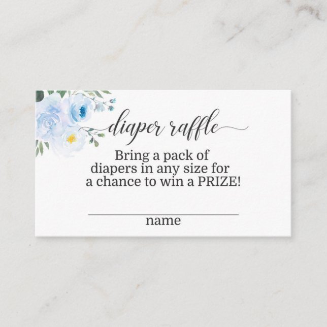 Elegante tarjeta azul floral Diaper Raffle Card (Anverso)