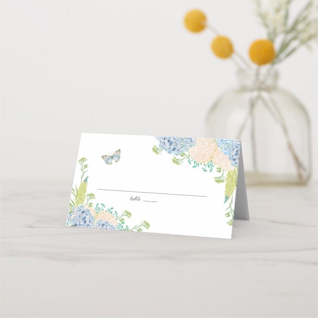 Elegante tarjeta azul hidránica Boda plegable (Anverso)