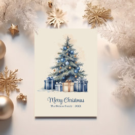Elegante tarjeta azul y oro de árbol de Navidad