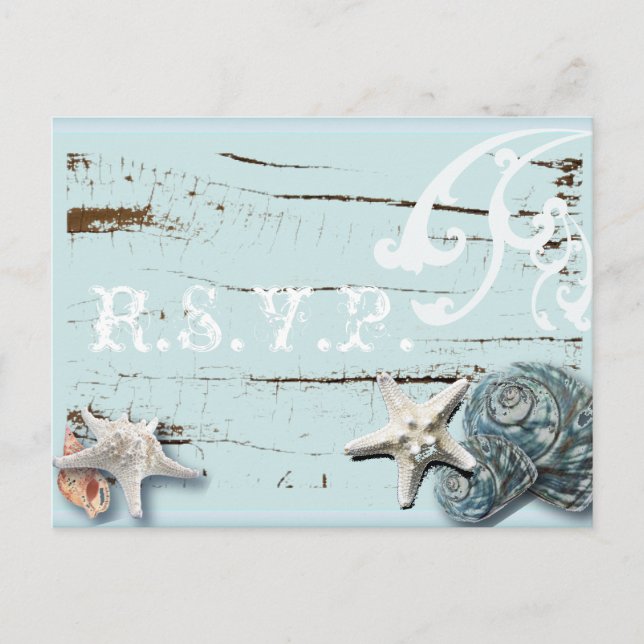 Elegante tarjeta BLue Seashells Beach Wedding RSVP (Anverso)