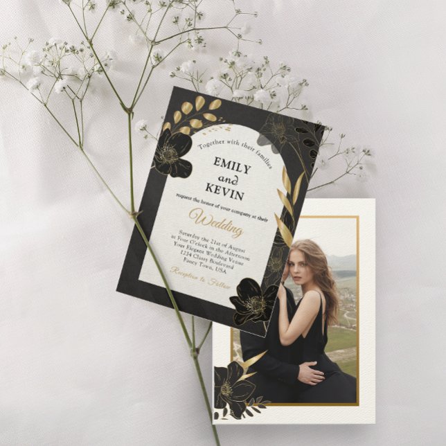 Elegante tarjeta Boda de fotos florales en blanco  (Elegant White and Gold Floral Photo Wedding card)