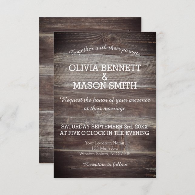 Elegante tarjeta Boda de madera rústica texturada (Anverso / Reverso)