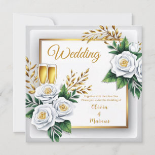 Elegante tarjeta Boda de oro de rosa blanca y cham