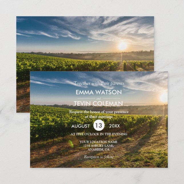 Elegante tarjeta Boda de vinos y viñas de viñedos (Anverso / Reverso)