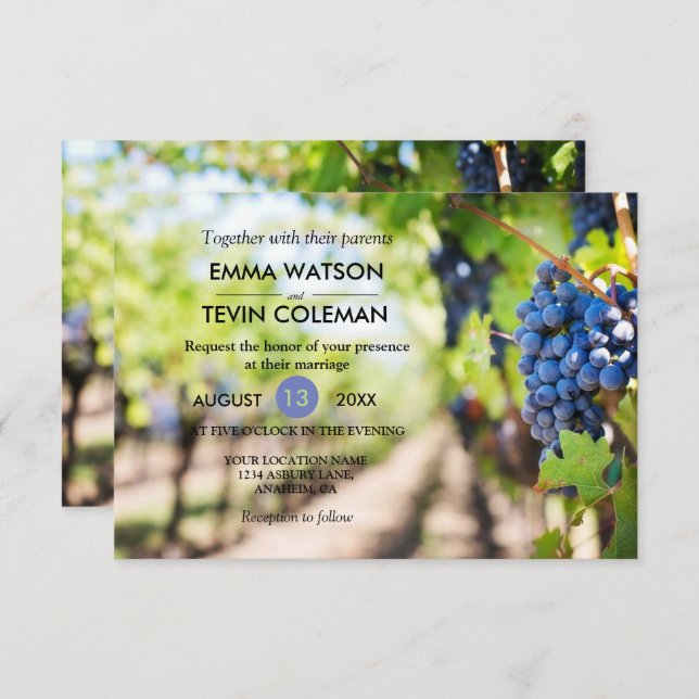 Elegante tarjeta Boda de vinos y viñas de viñedos (Anverso / Reverso)