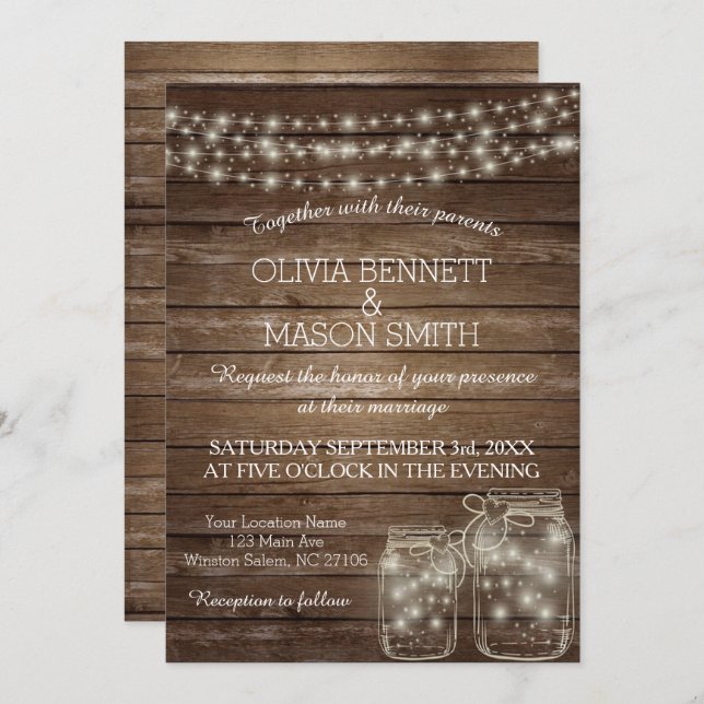 Elegante tarjeta Boda Rústica Mason Jar Lights (Anverso / Reverso)