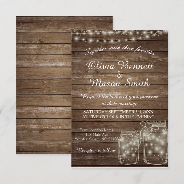 Elegante tarjeta Boda Rústica Mason Jar Lights (Anverso / Reverso)