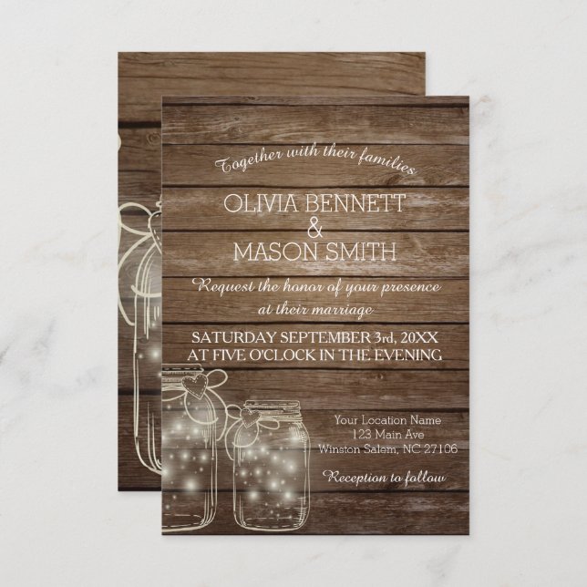 Elegante tarjeta Boda Rústica Mason Jar Lights (Anverso / Reverso)