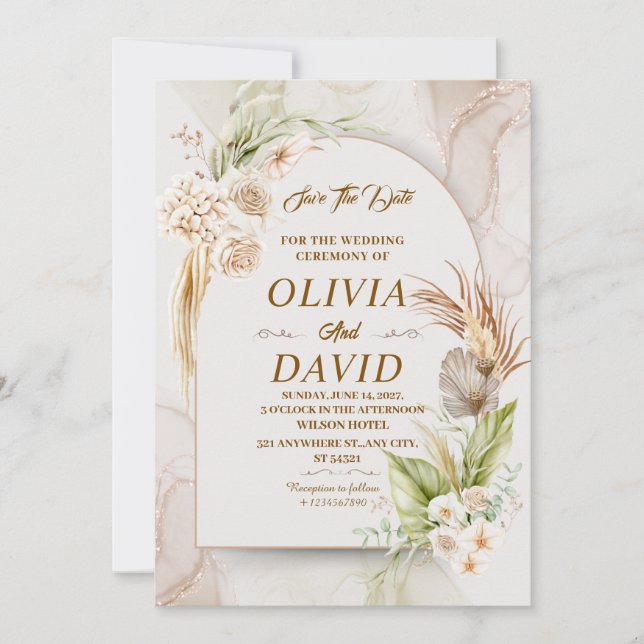 Elegante tarjeta Boho de boda beige floral para gu (Anverso)